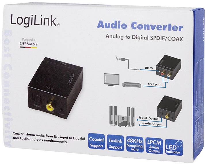 LogiLink digitális audió átalakító doboz, amely analóg jeleket digitálissá konvertál, támogatja a koaxiális és Toslink csatlakozásokat, otthoni mozi- és Hi-Fi rendszerekhez.