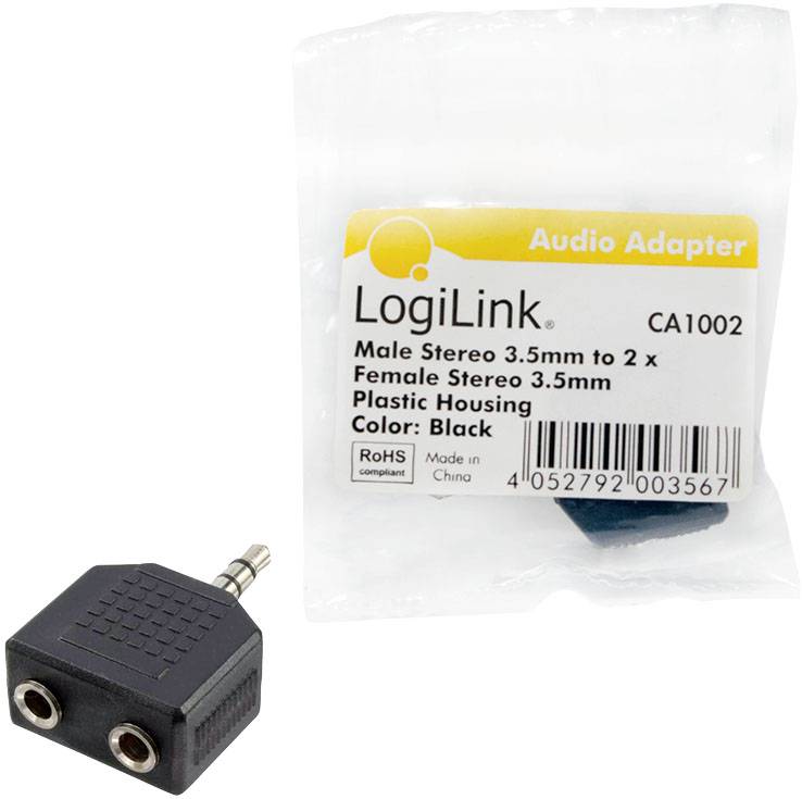 LogiLink 3,5 mm-es audioadapter, amely egy férfi sztereó csatlakozót két női aljzatra oszt. Fekete műanyag házban.