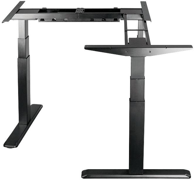 Fekete fémből készült, magasságállítható asztallap, amely alkalmas az ergonomikus álló vagy ülő munkavégzéshez.