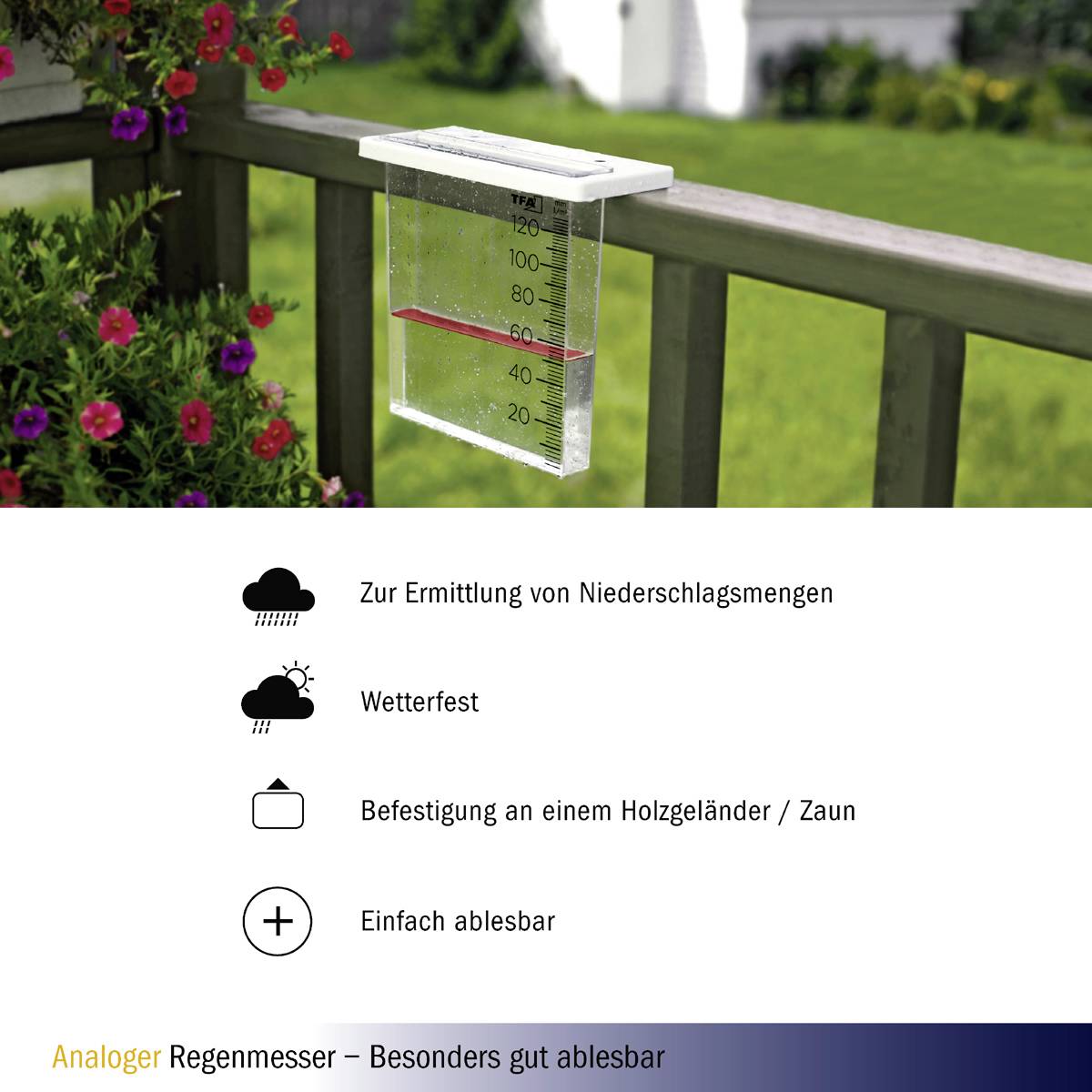 Egy analóg esőmérő kívülről van felszerelve egy kerítésre. Egy piros vonal jelöli a 80 mm-es vízszintet.