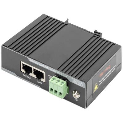 Egy fekete PoE-injektor két Ethernet-porttal, egy zöld csatlakozóval és figyelmeztető feliratokkal az oldalán.