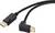 Egy fekete DisplayPort-kábel, egyenes és hajlított csatlakozóval, videó- és audiójelek továbbítására alkalmas.