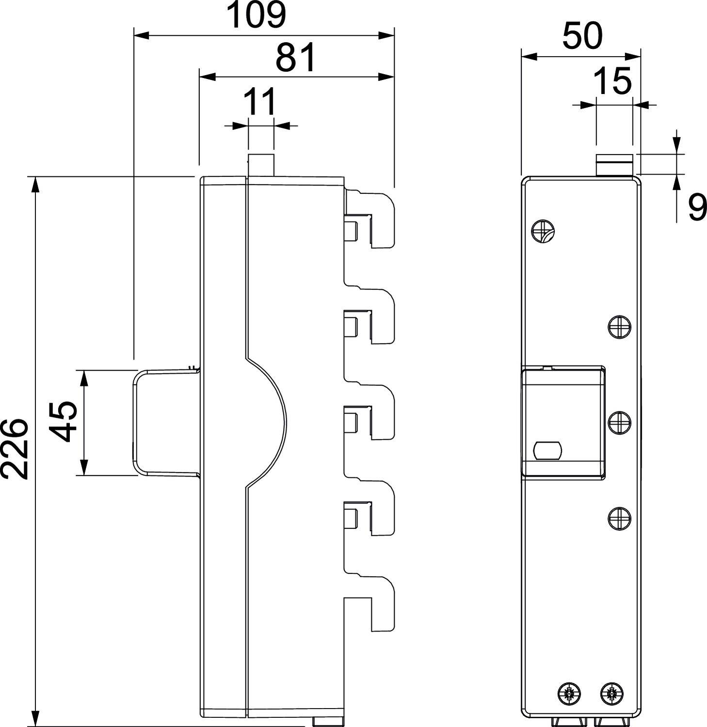 Műszaki rajz egy zárról méretekkel: magasság 226 mm, szélesség 109 mm, mélység 50 mm. Bemutatja a mechanizmusokat és a rögzítési pontokat.