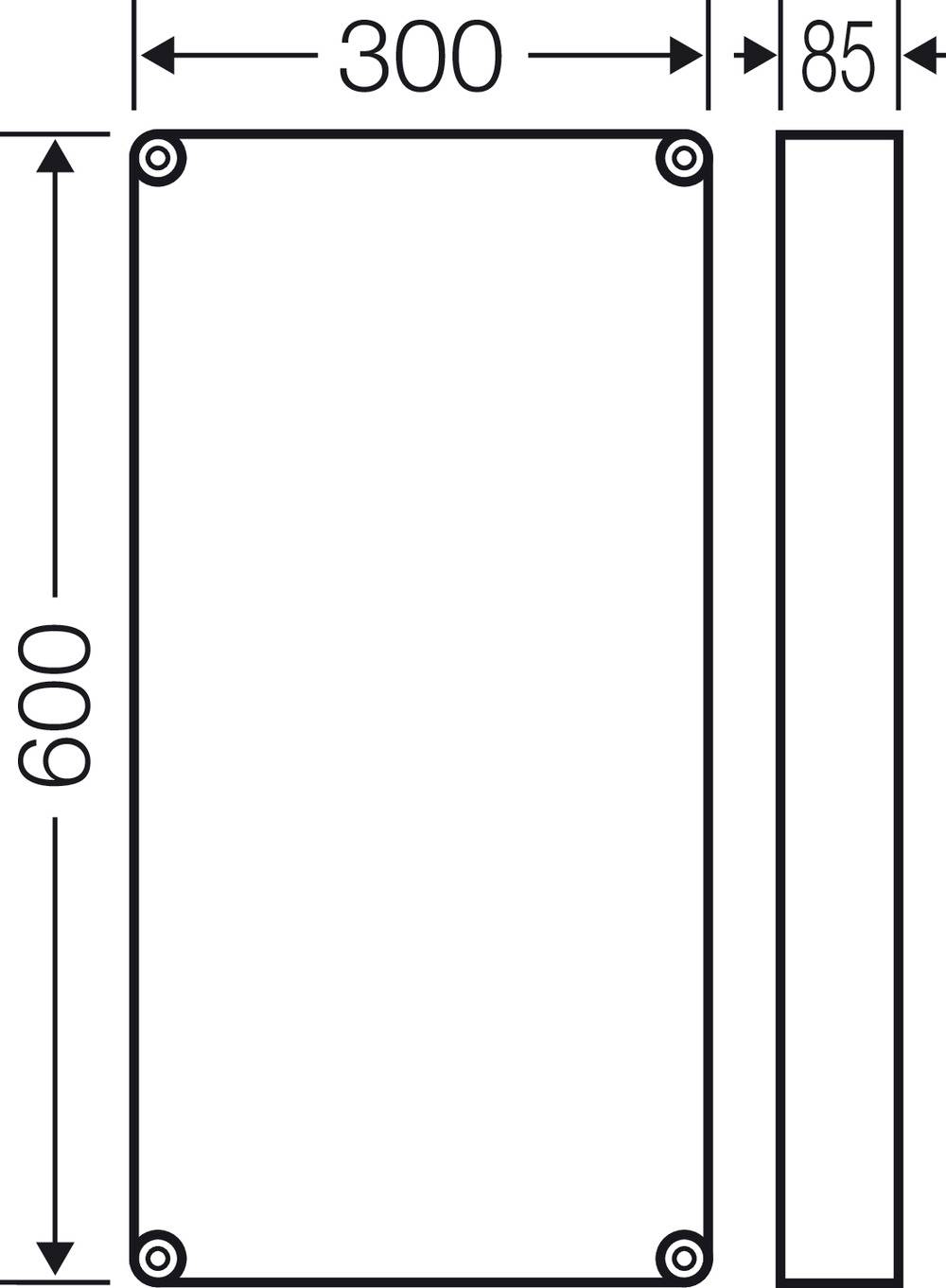 Műszaki rajz egy téglalap alakú tárgyról a következő méretekkel: 300 mm szélesség, 85 mm mélység és 600 mm magasság.