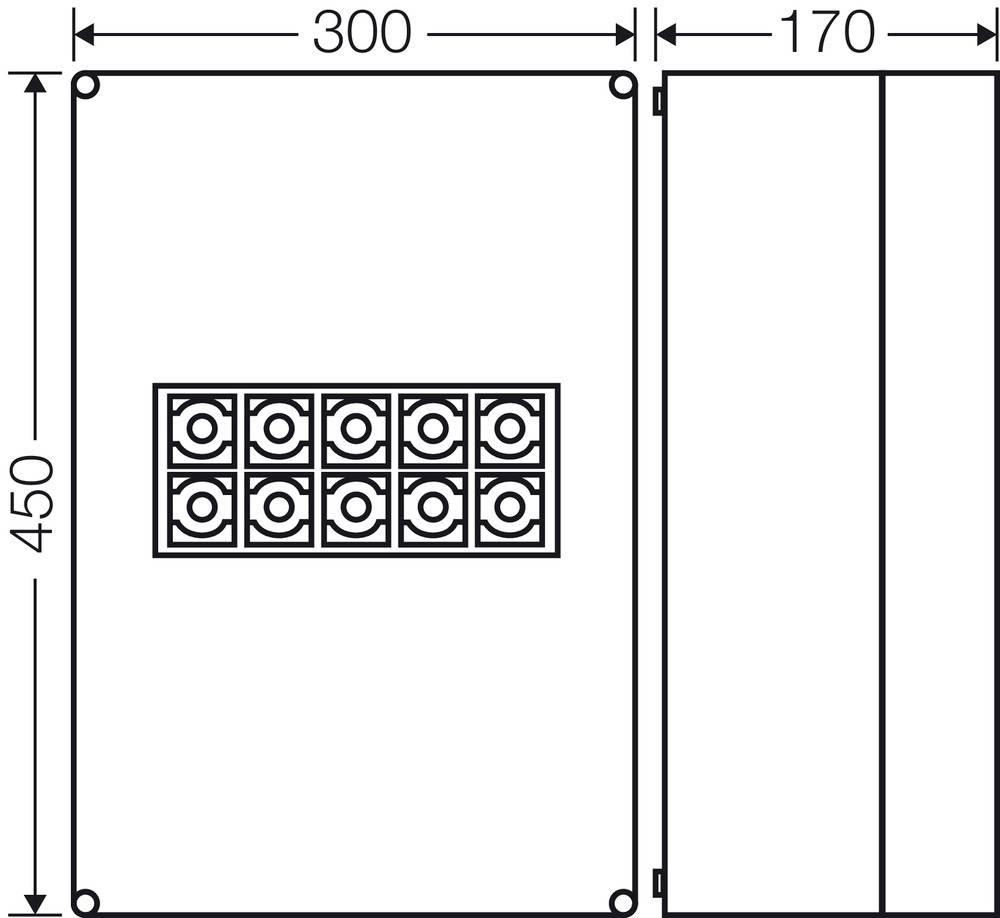 Műszaki rajz egy 300 x 450 x 170 mm méretű téglalap alakú dobozról. Ábrázolja a zsanérok helyzetét és a csavarlyukakat.