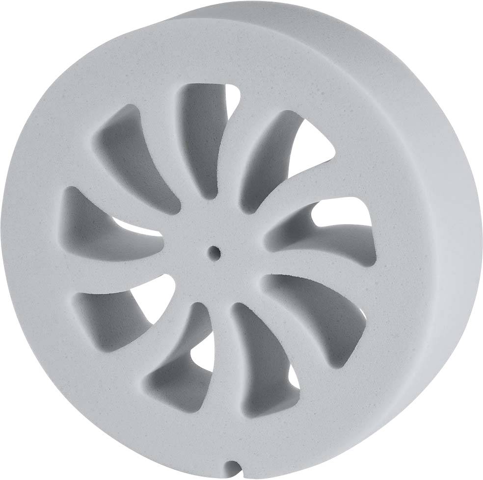 Szürke, spirál mintázatú műanyag lefolyódugó központi nyílással, amelyet egy mosdókagyló lefolyójának lefedésére használnak.