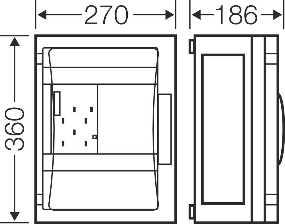 Műszaki rajz egy téglalap alakú eszközről méretekkel: szélesség 270 mm, magasság 360 mm, mélység 186 mm. Felülnézet és oldalnézet.