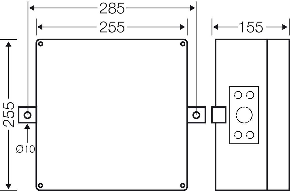 Műszaki rajz egy téglalap alakú dobozról a következő méretekkel: 285 mm, 255 mm és 155 mm. Oldalnézet rögzítőfuratokkal.