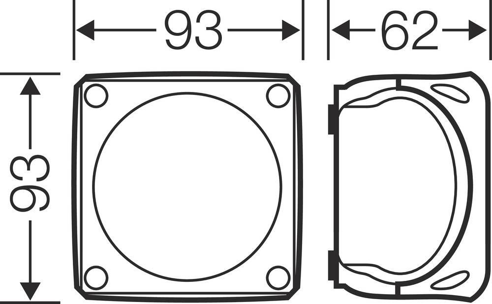 Műszaki rajz négyzet alakú dobozról: 93x93 mm külső méret, 62 mm belső méret. Felül felülnézet, jobbra oldalnézet.