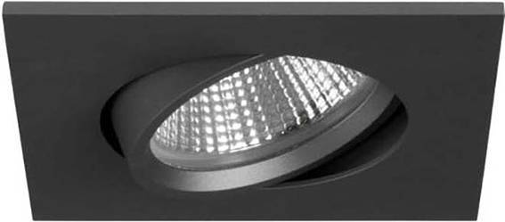 Egy négyszögletes, fekete mennyezeti spotlámpa forgató LED-fényelemmel. Alkalmas irányított világításra.