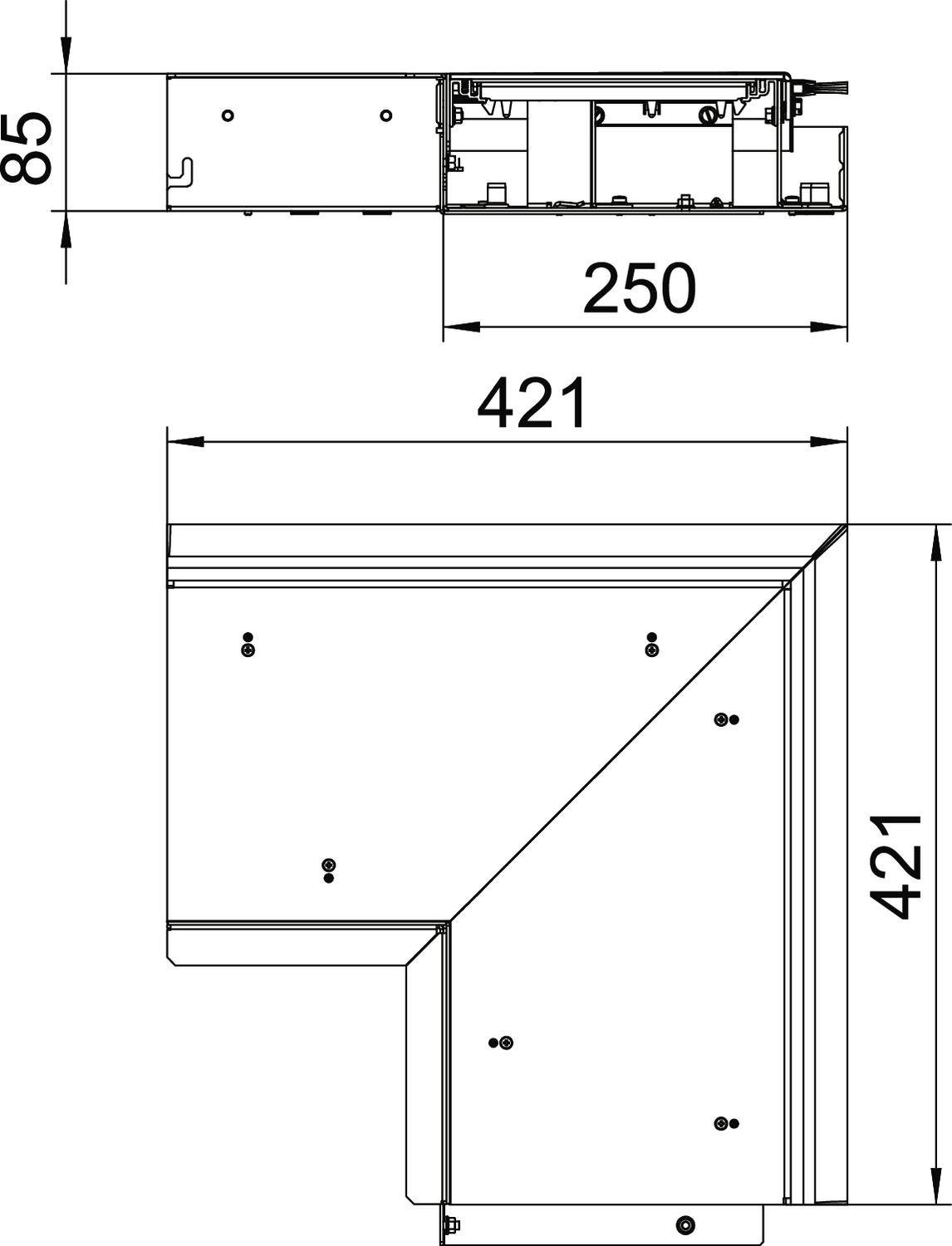 Műszaki rajz egy szögben mozgatható rendszerről méretekkel: magasság 85 mm, hosszúság 250 mm, téglalap alakú részek 421 mm x 421 mm.