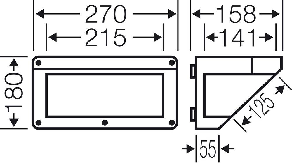 Műszaki rajz egy téglalap alakú tárgyról a következő méretekkel: 270x180 mm külső méret, 215x141 mm belső méret, 125 mm mélység, 55 mm viaszterület.