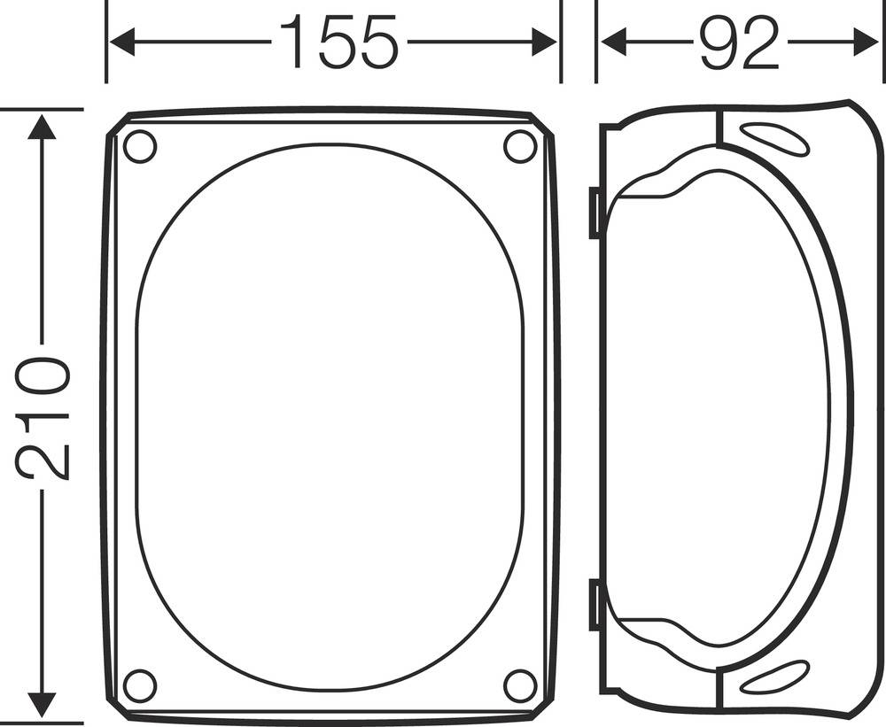 Műszaki rajz egy téglalap alakú eszközről, amelynek méretei: 210 mm magasság, 155 mm szélesség és 92 mm mélység.