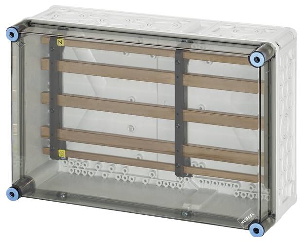 Átlátszó műanyag doboz réz sínek elektromos csatlakozásokhoz. Kapcsolószekrényes alkalmazásokhoz alkalmas.