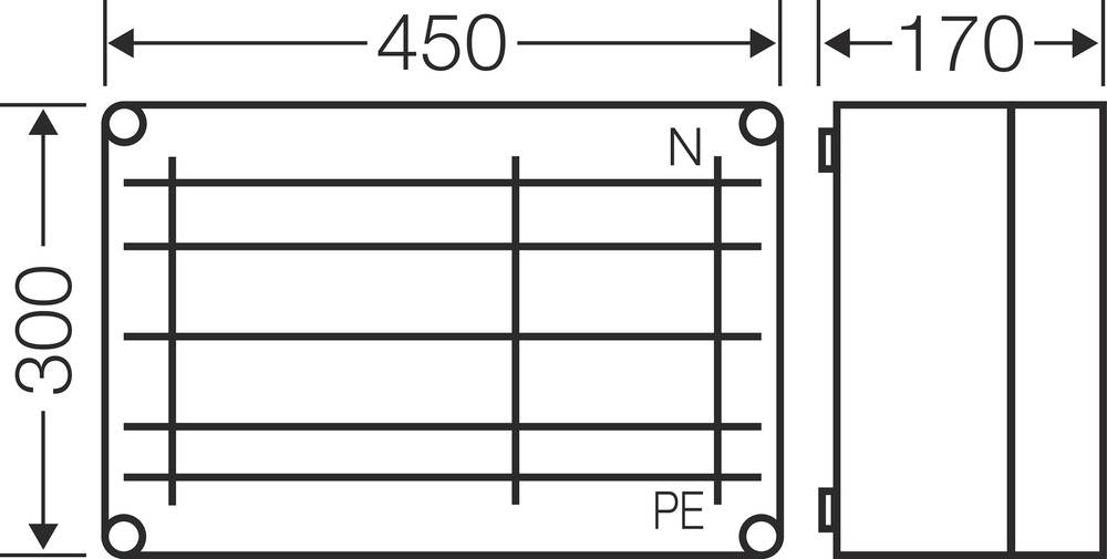 Műszaki rajz egy téglalap alakú objektumról elölnézeti és oldalnézeti ábrázolással. Méretei: magasság 300 mm, szélesség 450 mm, mélység 170 mm. Jelölések: N, PE.