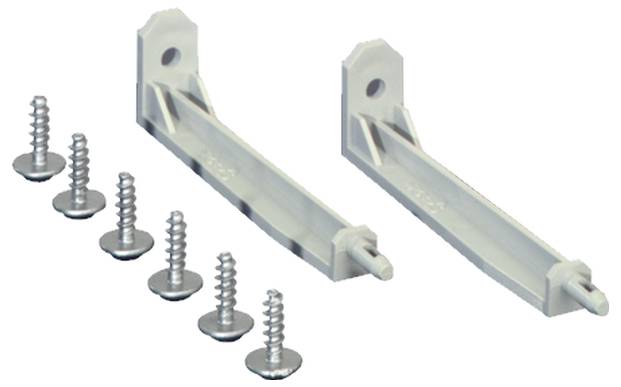 Két fehér tartó, egyenként három csavarral, amelyeket valószínűleg egy falhoz vagy más felülethez történő rögzítésre szántak.