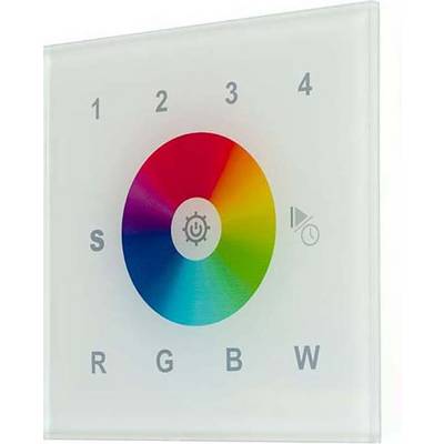 Színes LED-érintőpanel szivárvány körrel RGBW-vezérléshez, 1-től 4-ig számozva, kapcsoló- és zene szimbólummal a középpontban.