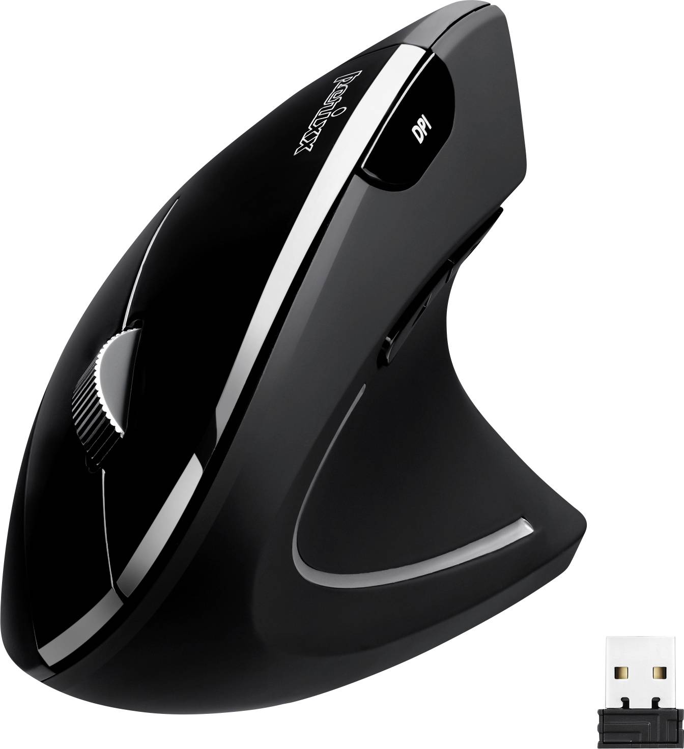 Függőleges ergonomikus fekete számítógépes egér hüvelykujjtámasszal és USB-vevővel; úgy tervezve, hogy csökkentse a csukló terhelését.