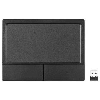 Egy fekete érintőpanel két gombbal és egy kis USB vevőegységgel, amelyet számítógépek vezeték nélküli használatára terveztek.