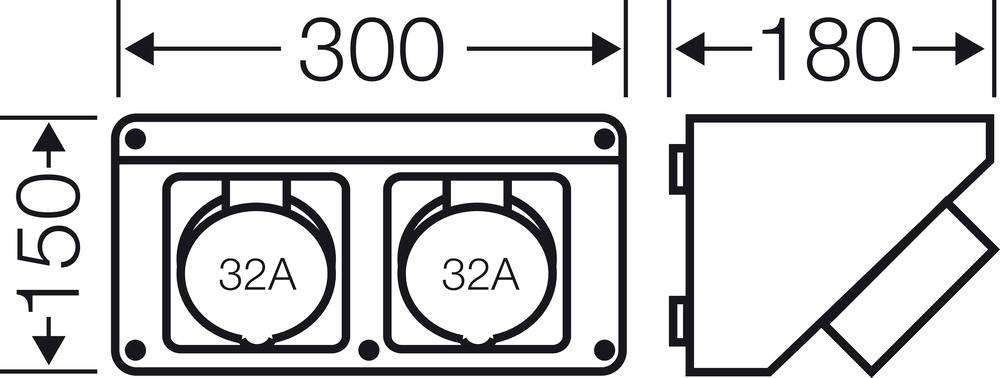 Műszaki rajz egy dupla 32A-s aljzatról. Méret: szélesség 300 mm, magasság 150 mm, mélység 180 mm. Oldal- és frontális nézet.
