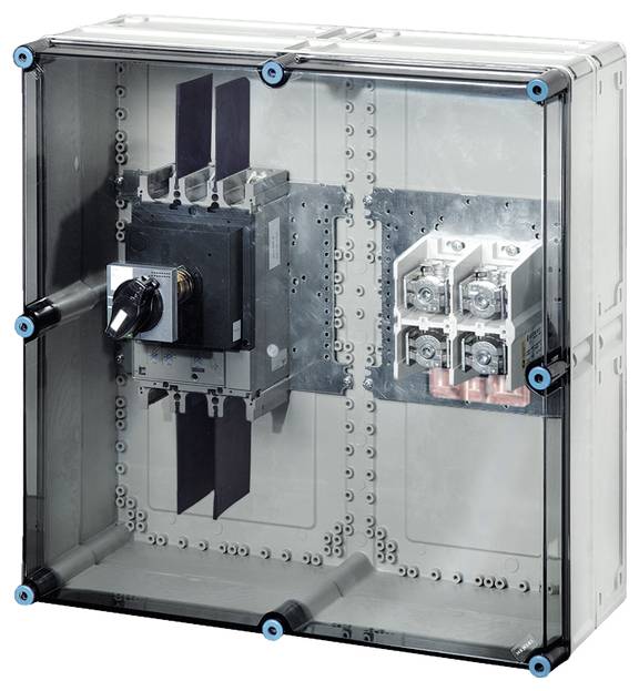 Egy átlátszó védődoboz nagy teljesítményű kapcsolót és több elektromos csatlakozót mutat felügyeleti célokra.
