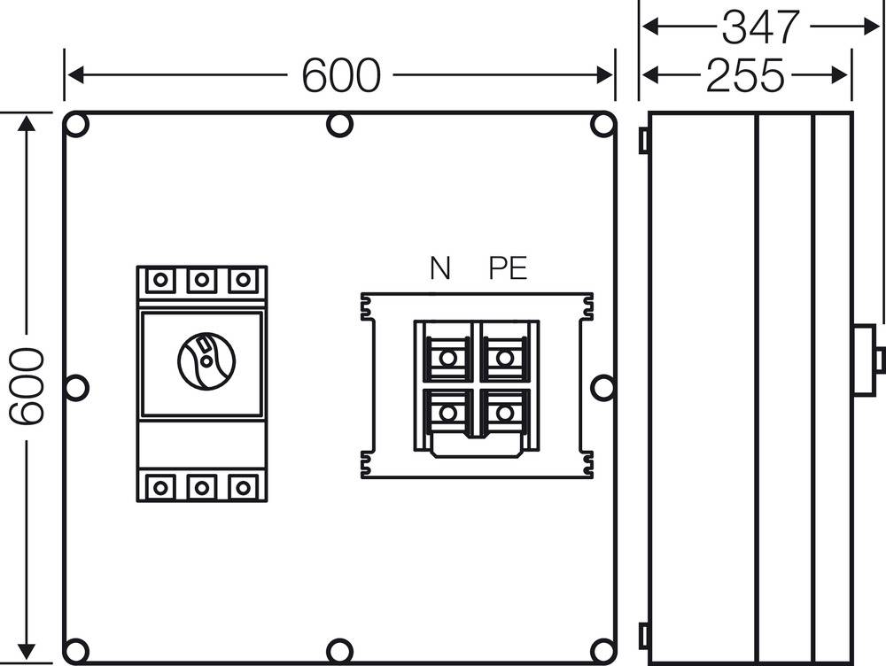 Műszaki rajz 600x600 mm-es elosztószekrényről. Bal oldalon: kapcsolótábla kapcsolókkal, jobb oldalon: felülnézet N és PE csatlakozókkal. Méretek: 347 mm mélység, 255 mm szélesség.