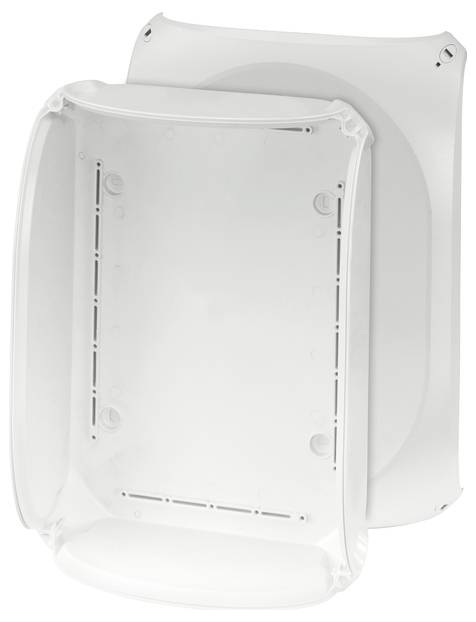 Egy fehér, téglalap alakú ház lekerekített élekkel és nyitott elő- és hátoldalakkal, telepítési célokra alkalmas.