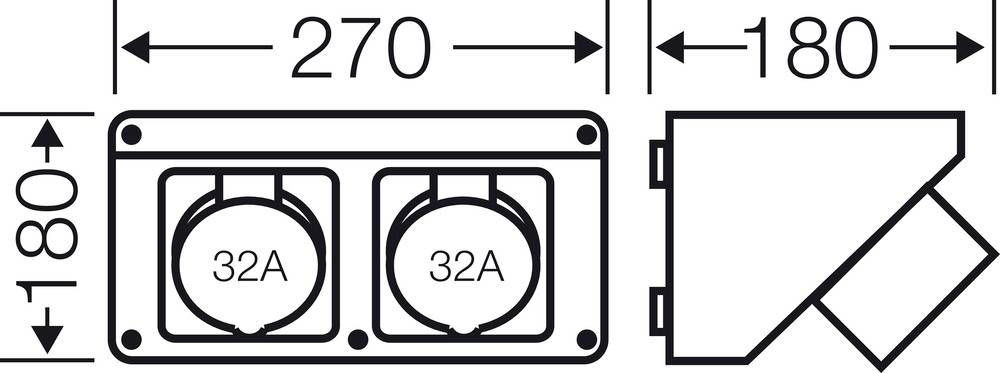Műszaki rajz egy dupla dugaljzatról a következő méretekkel: szélesség 270 mm, magasság 180 mm. Mindkét dugalj '32A' jelöléssel van ellátva.