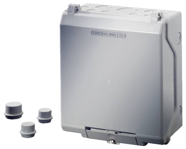 Szürke műanyag ház fedéllel és három leszerelhető záródugóval, elektromos szerelésekhez alkalmas.