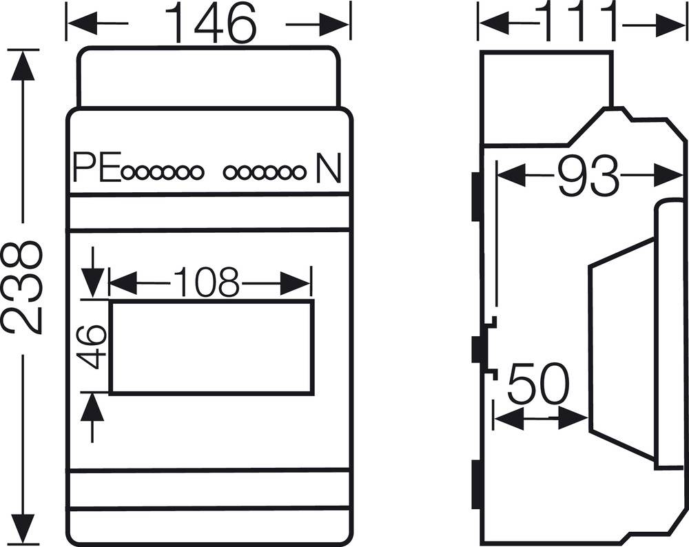 Műszaki rajz egy elektromos készülékről méretmegadással: szélesség 146 mm, magasság 238 mm, mélység 111 mm. Jelölések 'PE' és 'N' jelzéssel.