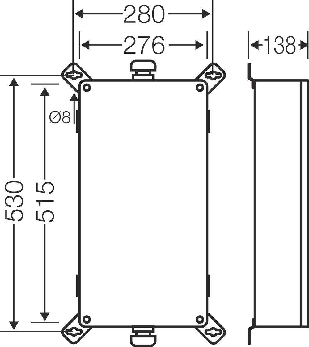 Műszaki rajz egy téglalap alakú házról a következő méretekkel: szélesség 280 mm, magasság 530 mm, mélység 138 mm.