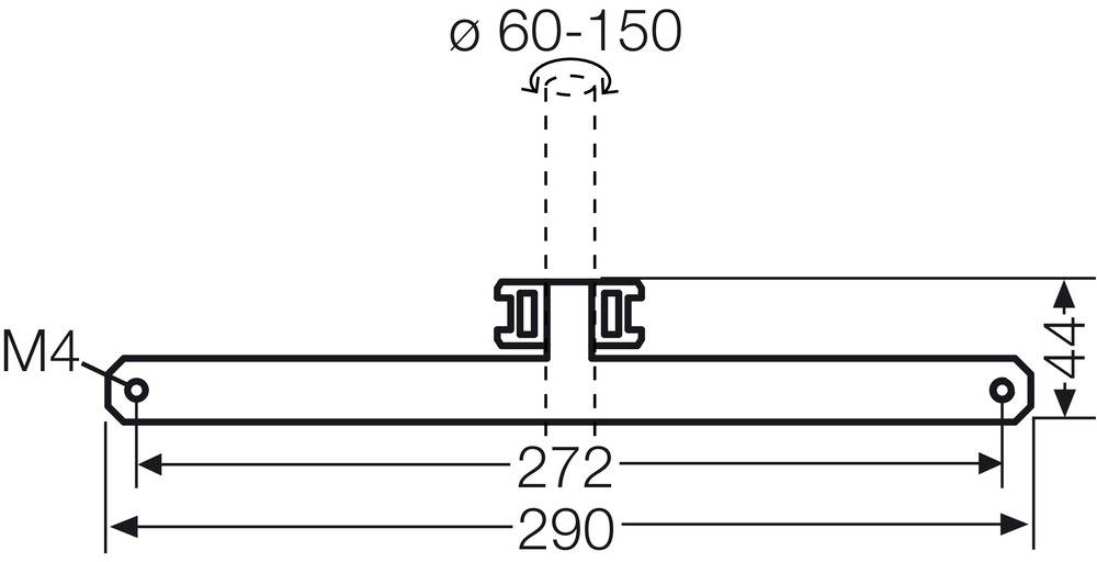 Műszaki rajz egy tartószerkezetről: hosszméretek 272 mm és 290 mm, magasság 44 mm, furat Ø 60-150 mm és csavar mérete M4.