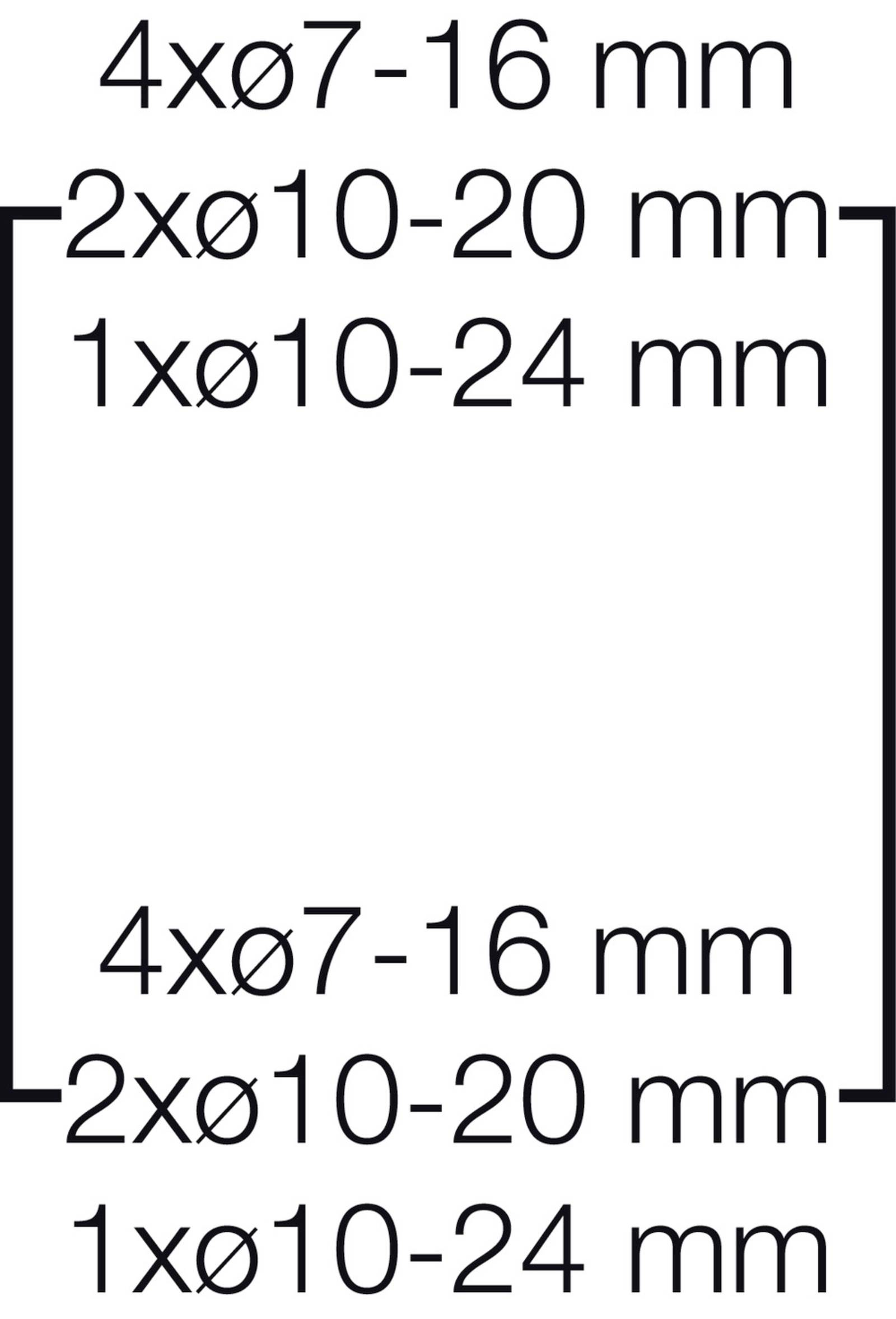 Műszaki rajz méretekkel: Felül '4×ø7-16 mm', '2×ø10-20 mm', '1×ø10-24 mm'; Alul hasonló. Téglalap alakú elrendezés.
