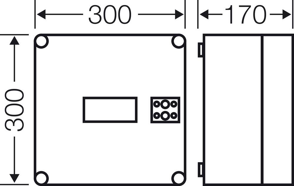 Műszaki rajz egy 300x300x170 mm méretű téglalap alakú alkatrészről. Az elölnézet csatlakozási részleteket mutat.