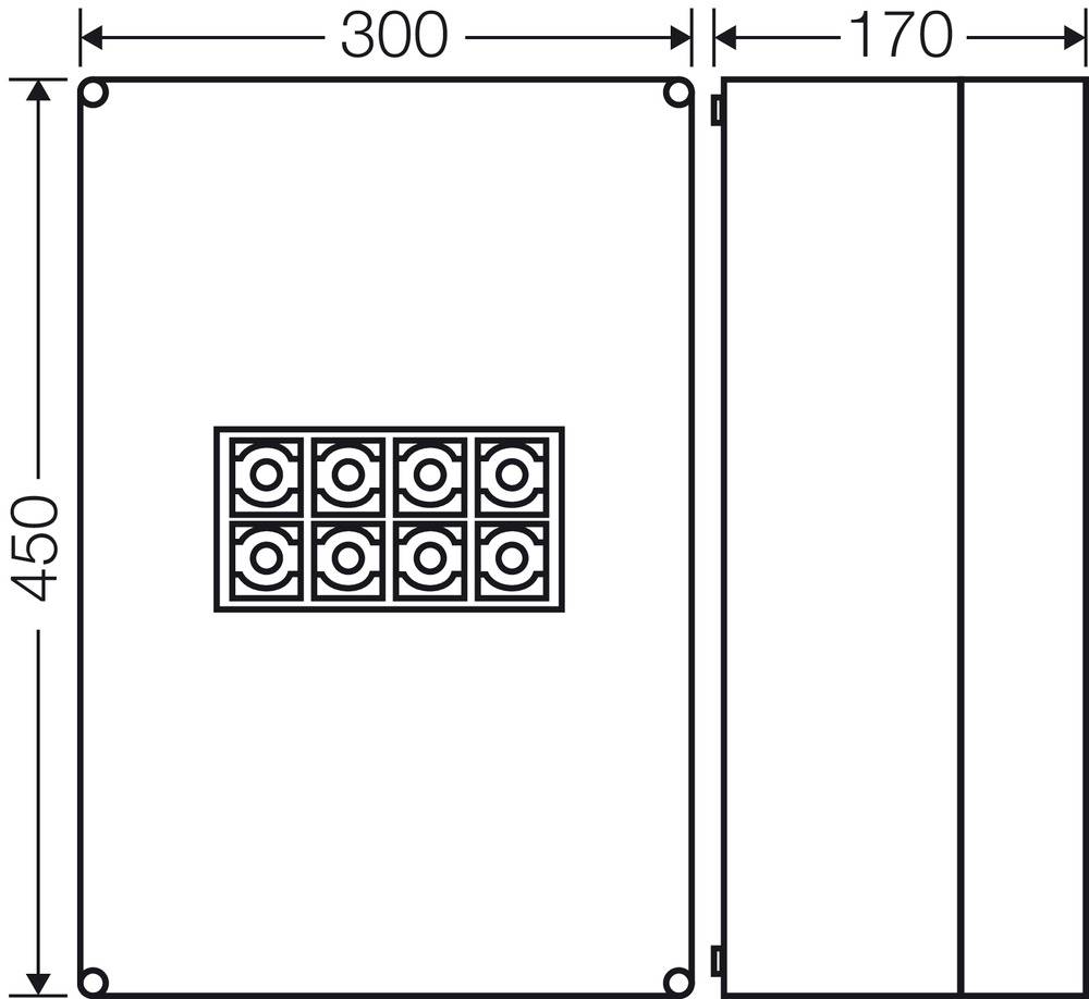 Műszaki rajz egy 300 x 450 mm méretű téglalap alakú eszközről, elölnézeti képe 8 köralakú elemből álló rácsot mutat.
