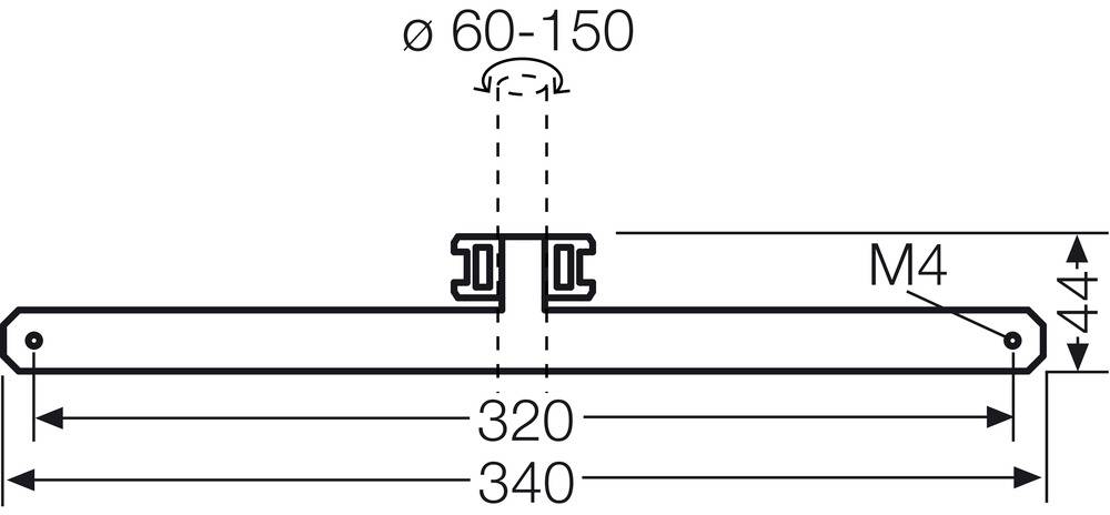 Műszaki rajz egy rögzítőbilincsről: Szélesség 320-340 mm, magasság 44 mm. Átmérőtartomány 60-150 mm, M4-es csavarlyukak.