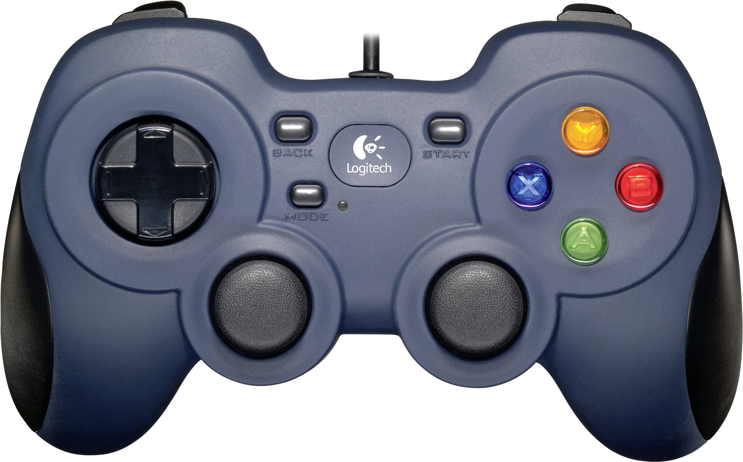 Egy kék játékvezérlő két joystickkel, irányítógombbal és színes akciógombokkal, amely alkalmas játékkonzolokhoz és számítógépekhez.