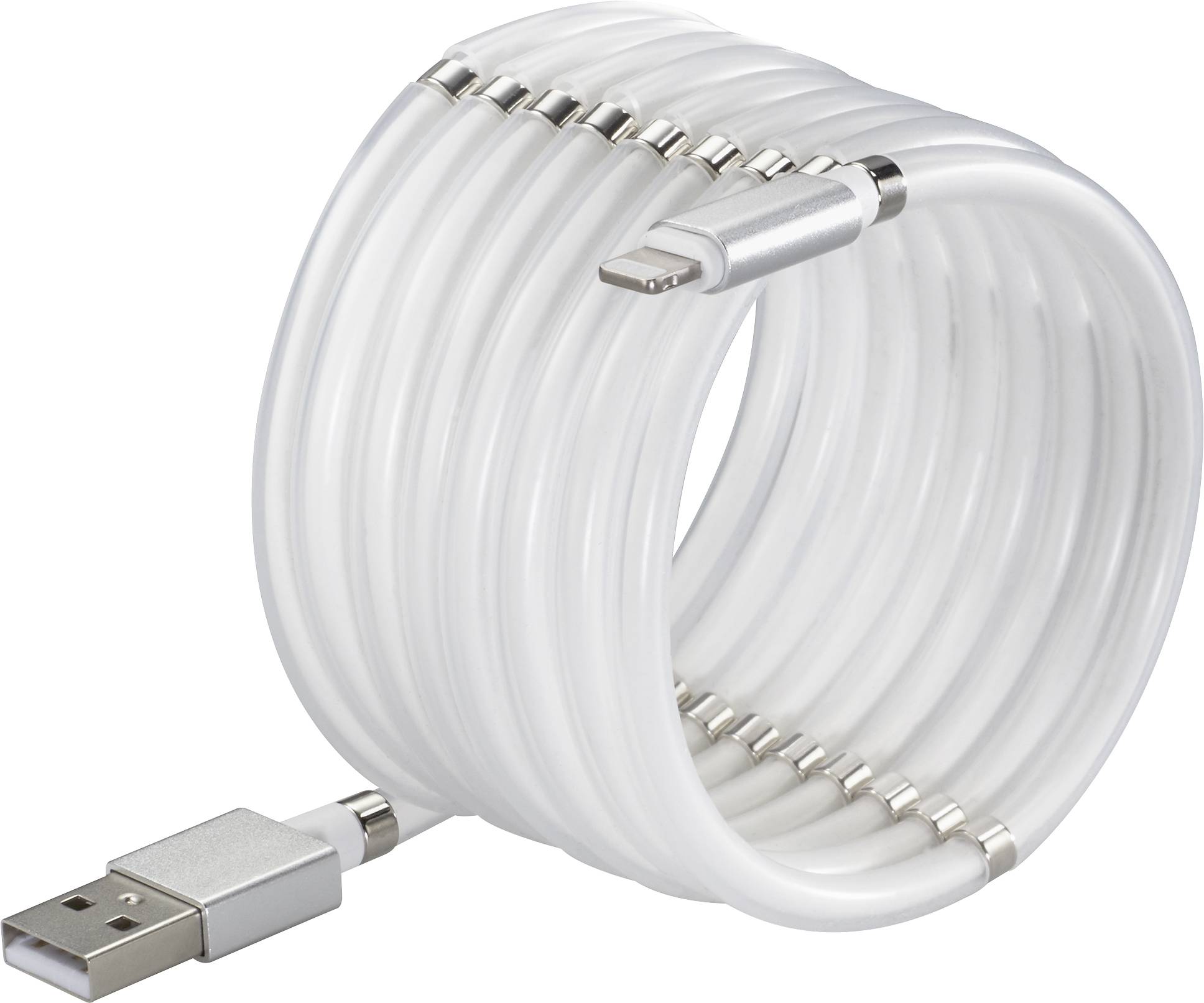 Egy fehér, felcsavart USB-töltőkábel, amelynek egyik végén egy USB-A csatlakozó, a másik végén egy másik típusú csatlakozó található.