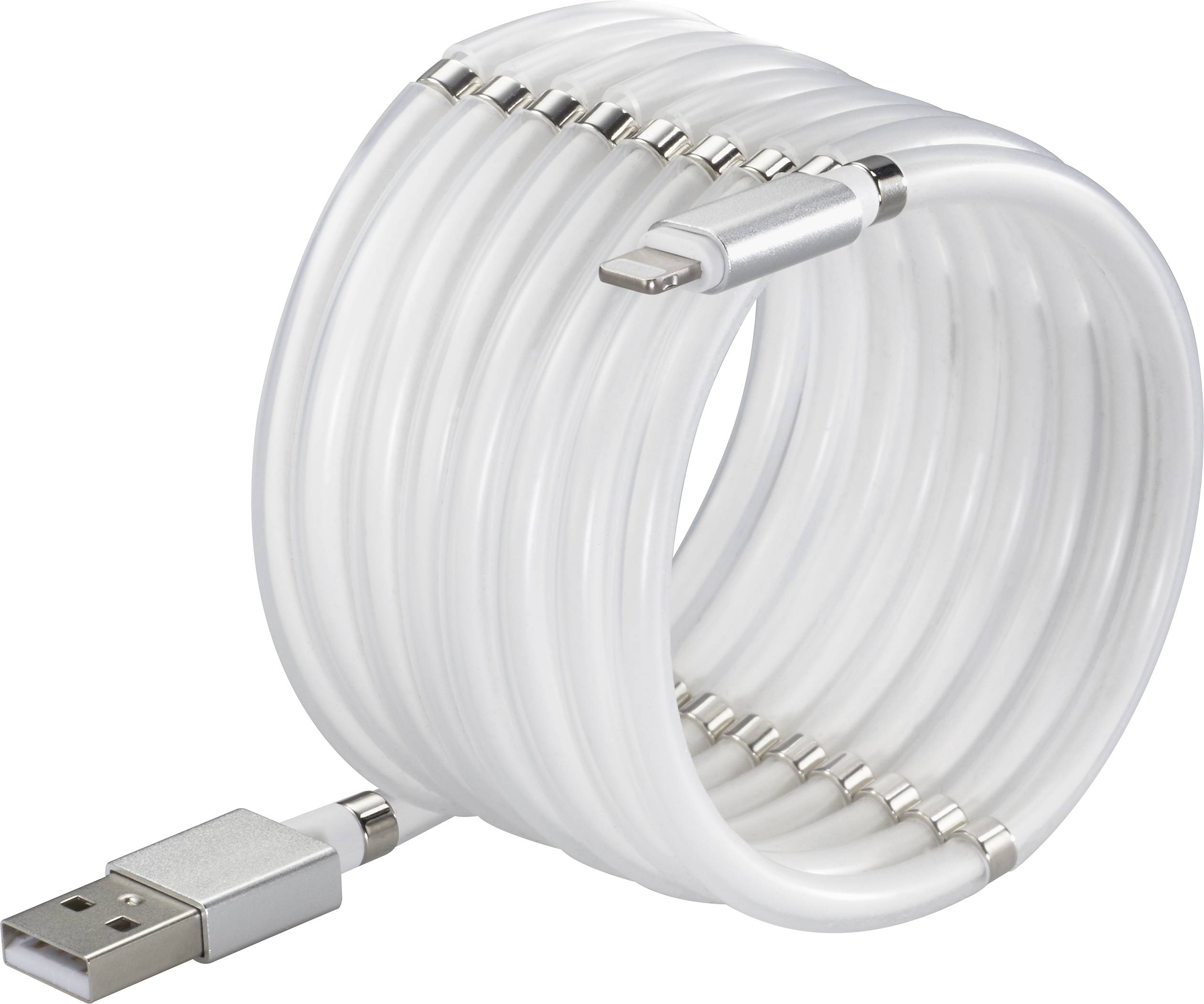 Egy feltekercselt USB-kábel USB-A csatlakozóval és Lightning csatlakozóval, rendezetten körré tekercselve.
