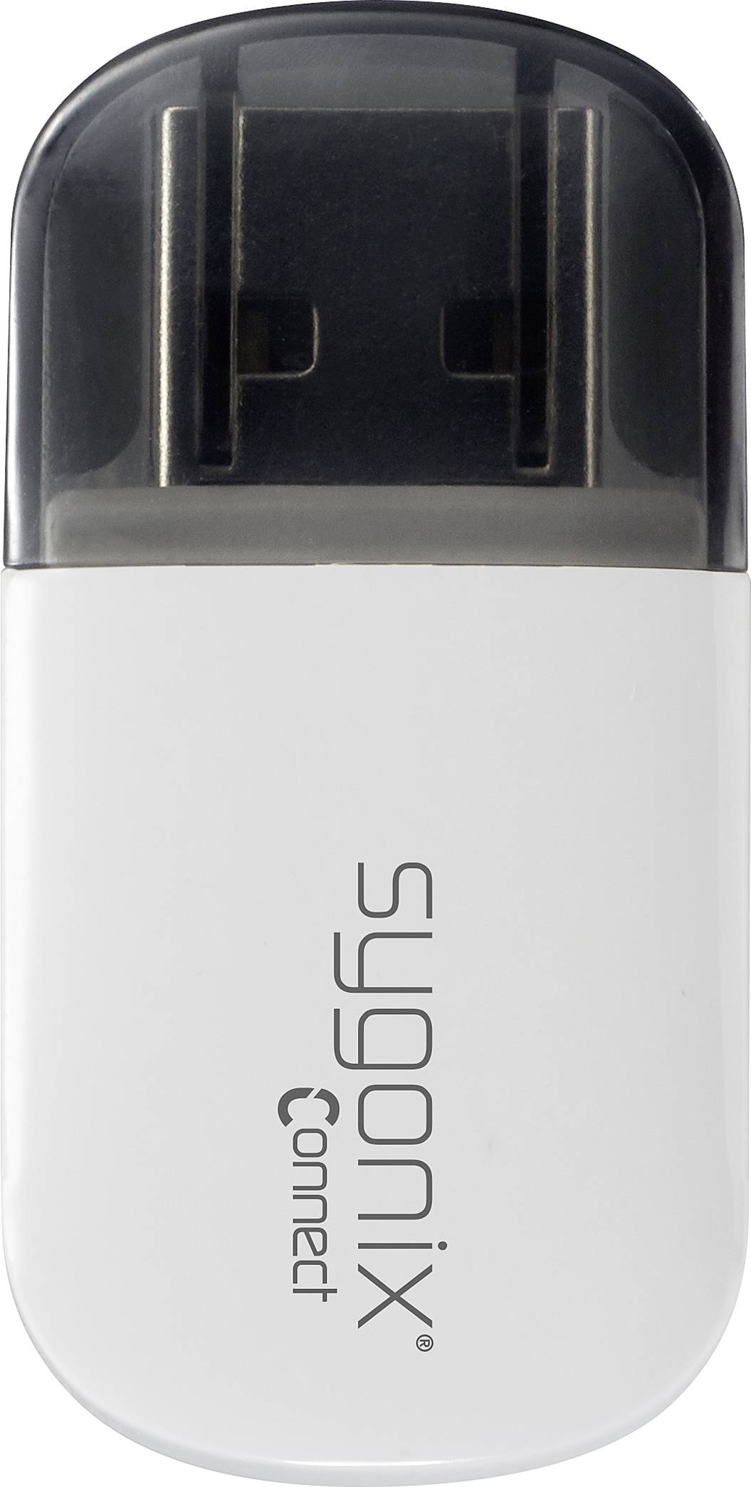 USB-kulcs 'sygonix Connect' felirattal; fekete borítással és fehér testtel.