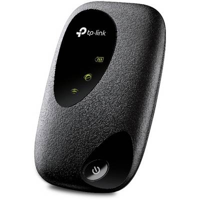 Mobil WiFi-útválasztó fekete házban, megvilágított kijelzővel és TP-Link logóval. Akkumulátor- és jelszintjelzőket mutat.