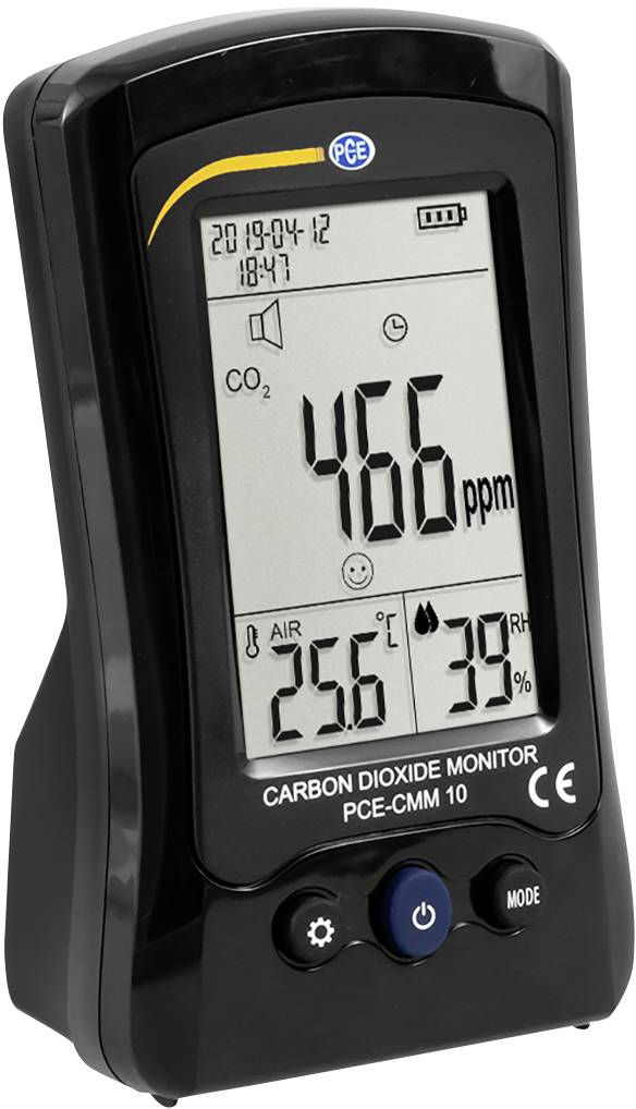 A széndioxid-monitor 466 ppm CO2-t, 25,6°C léghőmérsékletet és 38% relatív páratartalmat mutat.