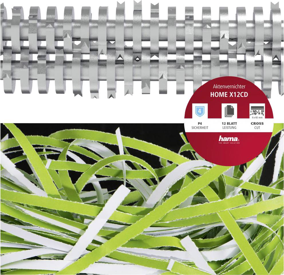 Egy iratmegsemmisítő apró csíkokra vágja a papírokat. Címke: 'HOME X12CD', 12 lap kapacitás, keresztvágó technológia.