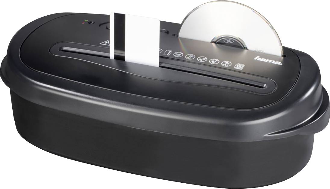 Kis fekete iratmegsemmisítő, alkalmas papír és CD megsemmisítésére. A képen papírcsíkok és egy feldarabolt CD látható.