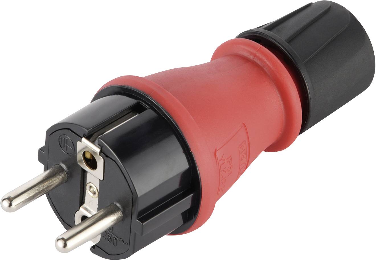 Egy piros és fekete kétérintkezős CEE-adapter dugó elektromos csatlakozásokhoz, fehér háttér előtt.