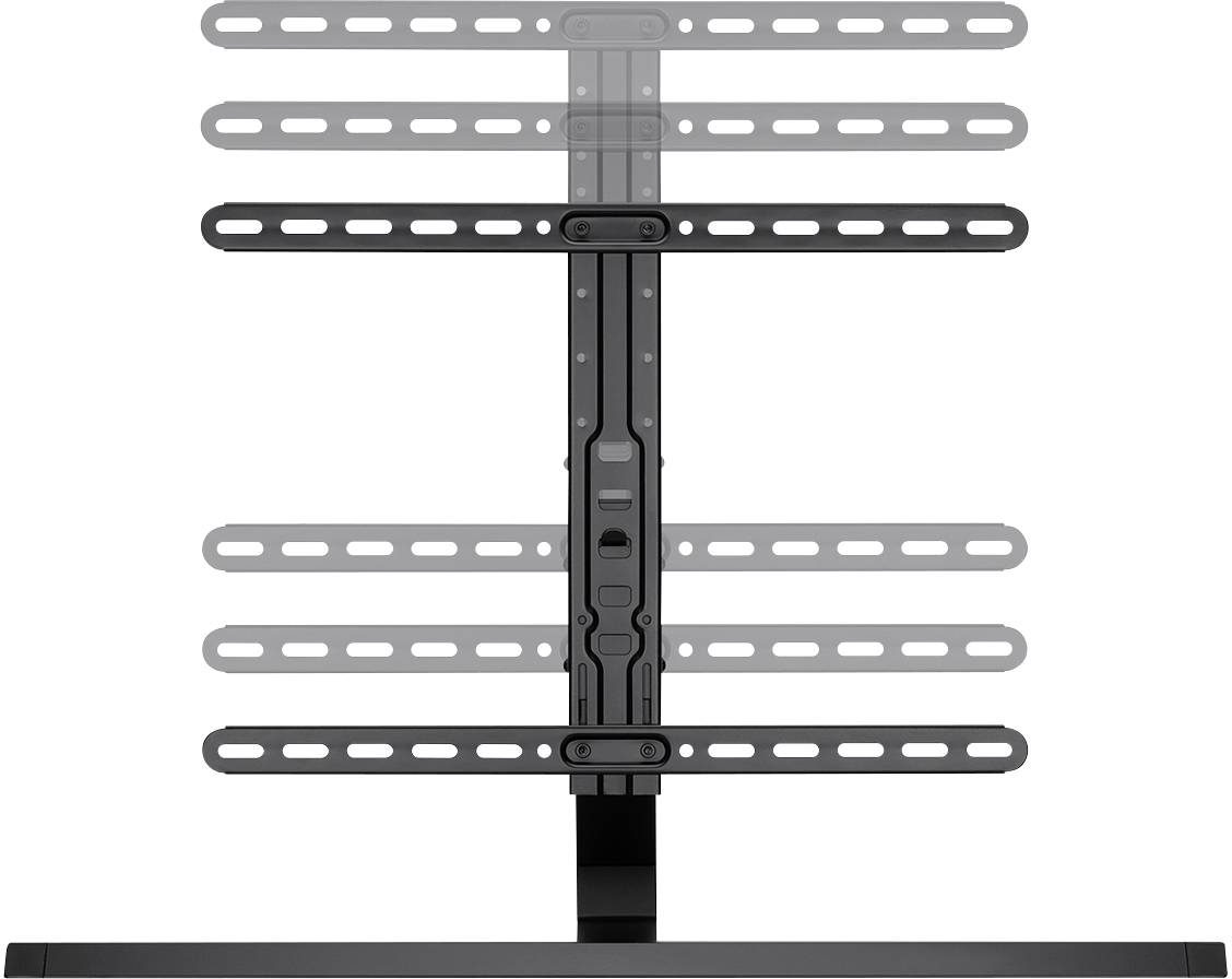 Egy TV-állvány több szögben állítható tartóval, amely magasságában állítható, hogy különböző képernyőméreteket támogasson.
