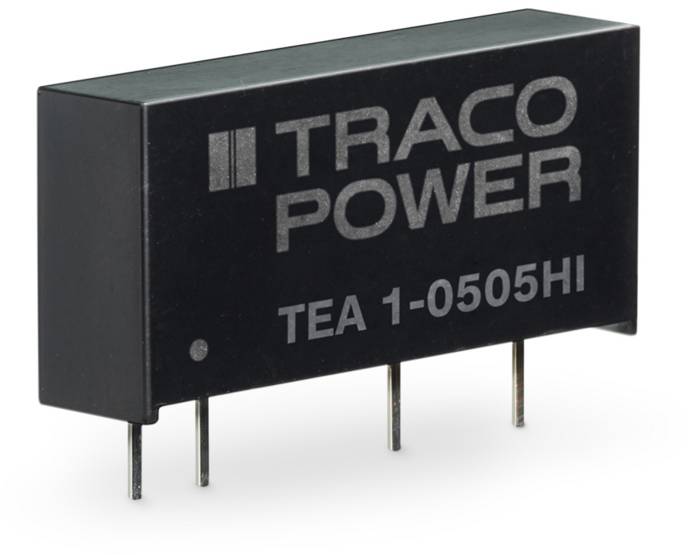 Fekete elektronikus alkatrész, amelyen a 'TRACO POWER TEA 1-0505HI' felirat szerepel, négy hosszúkás csatlakozó érintkezővel az alsó oldalán.