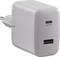 USB-töltő hálózati adapterrel és két csatlakozóval: felül USB-C, alul USB-A. „USB PD" felirattal ellátva.