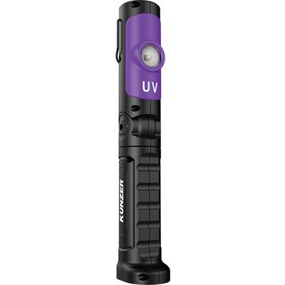 Egy fekete zseblámpa lila házkörüli elemmel, LED-fénnyel és az 'UV' felirattal. Alkalmas műhelyek számára történő felhasználásra.