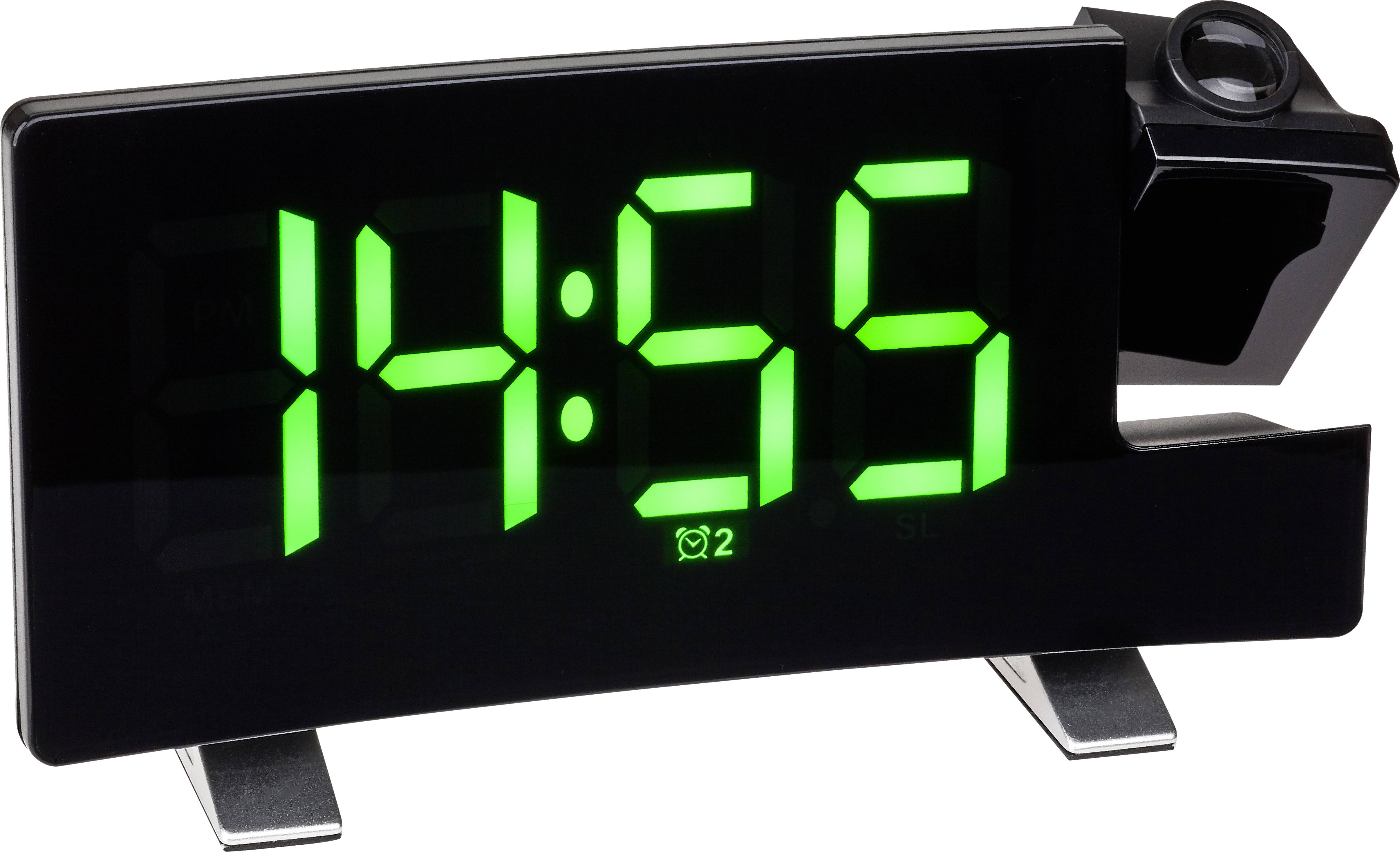 Digitális ébresztőóra zöld LED-kijelzővel, amely a '14:55' időt mutatja. Az ébresztőórán két ébresztési szimbólum látható.